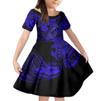Hawaii Fish Hook Family Matching Long Sleeve Bodycon Dress and Hawaiian Shirt Polynesian Pattern Navy Blue Version - Wonder Print Shop