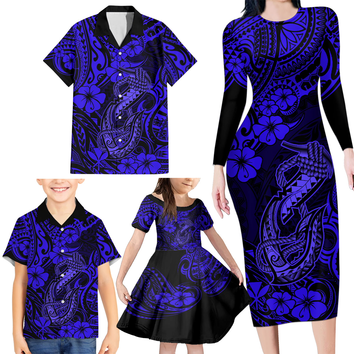 Hawaii Fish Hook Family Matching Long Sleeve Bodycon Dress and Hawaiian Shirt Polynesian Pattern Navy Blue Version - Wonder Print Shop