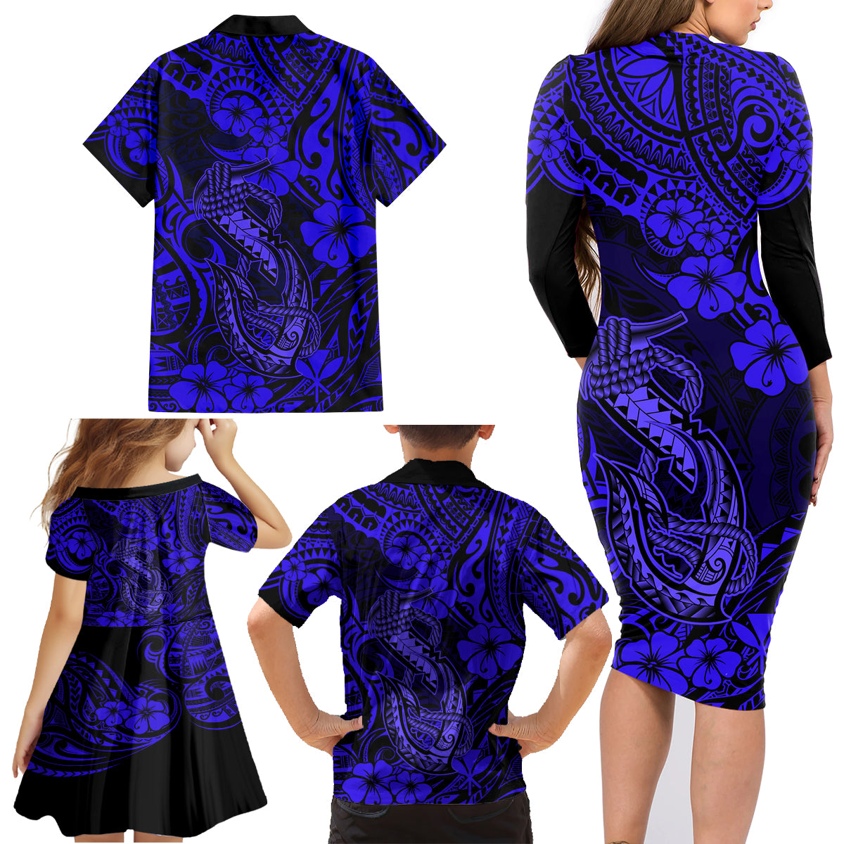 Hawaii Fish Hook Family Matching Long Sleeve Bodycon Dress and Hawaiian Shirt Polynesian Pattern Navy Blue Version - Wonder Print Shop