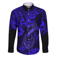 Hawaii Fish Hook Family Matching Long Sleeve Bodycon Dress and Hawaiian Shirt Polynesian Pattern Navy Blue Version - Wonder Print Shop
