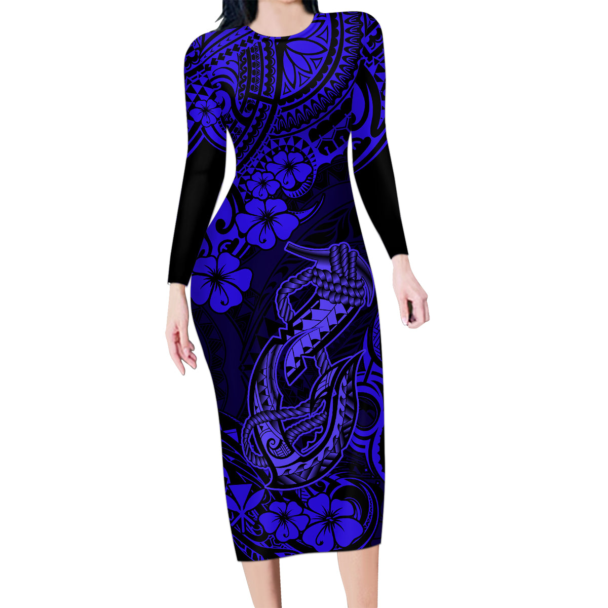 Hawaii Fish Hook Family Matching Long Sleeve Bodycon Dress and Hawaiian Shirt Polynesian Pattern Navy Blue Version - Wonder Print Shop
