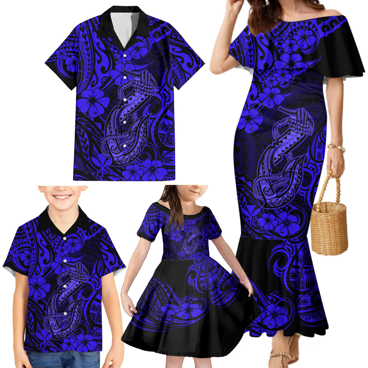 Hawaii Fish Hook Family Matching Mermaid Dress and Hawaiian Shirt Polynesian Pattern Navy Blue Version - Wonder Print Shop