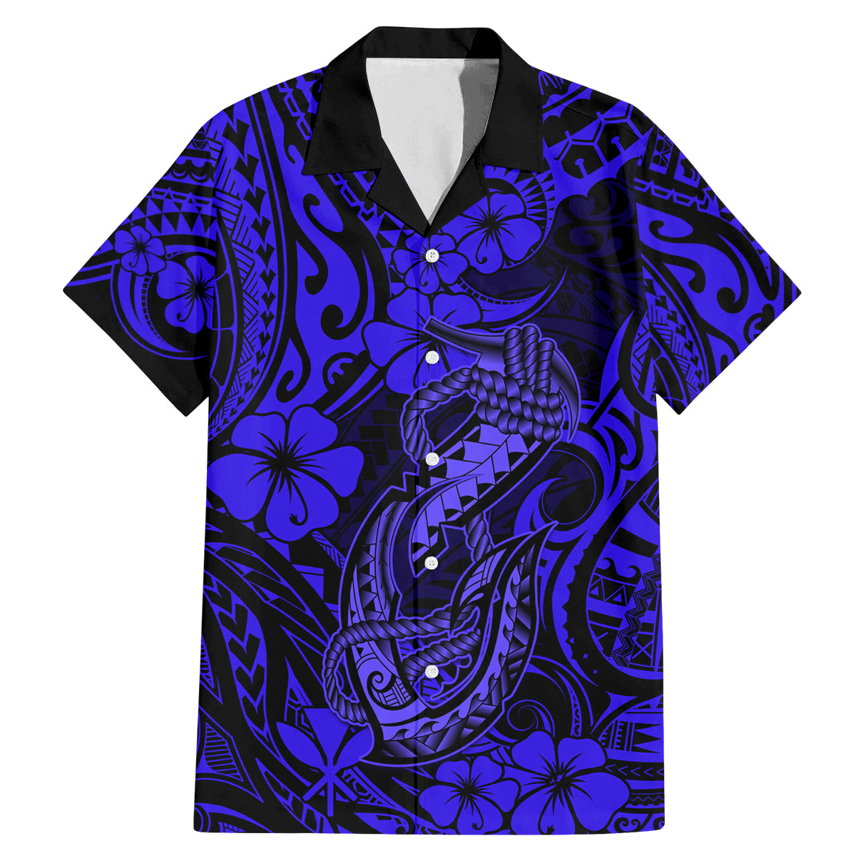 Hawaii Fish Hook Family Matching Mermaid Dress and Hawaiian Shirt Polynesian Pattern Navy Blue Version - Wonder Print Shop