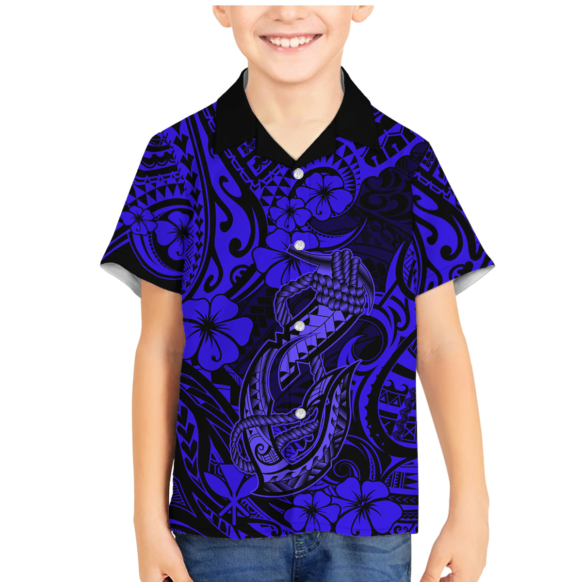 Hawaii Fish Hook Family Matching Mermaid Dress and Hawaiian Shirt Polynesian Pattern Navy Blue Version - Wonder Print Shop