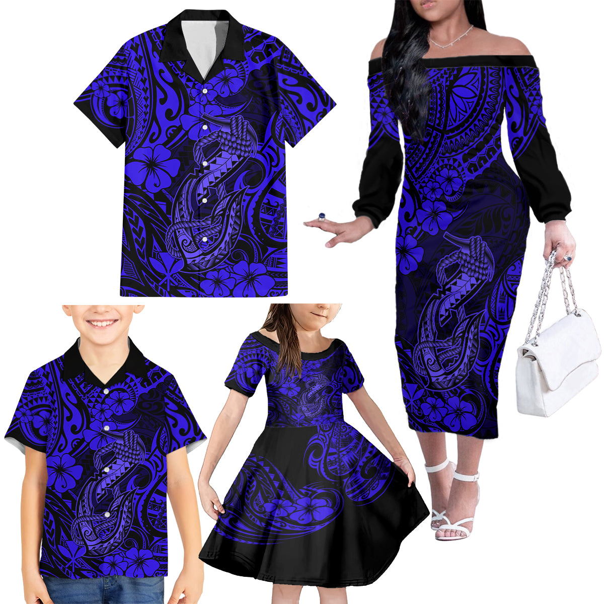 Hawaii Fish Hook Family Matching Off Shoulder Long Sleeve Dress and Hawaiian Shirt Polynesian Pattern Navy Blue Version - Wonder Print Shop