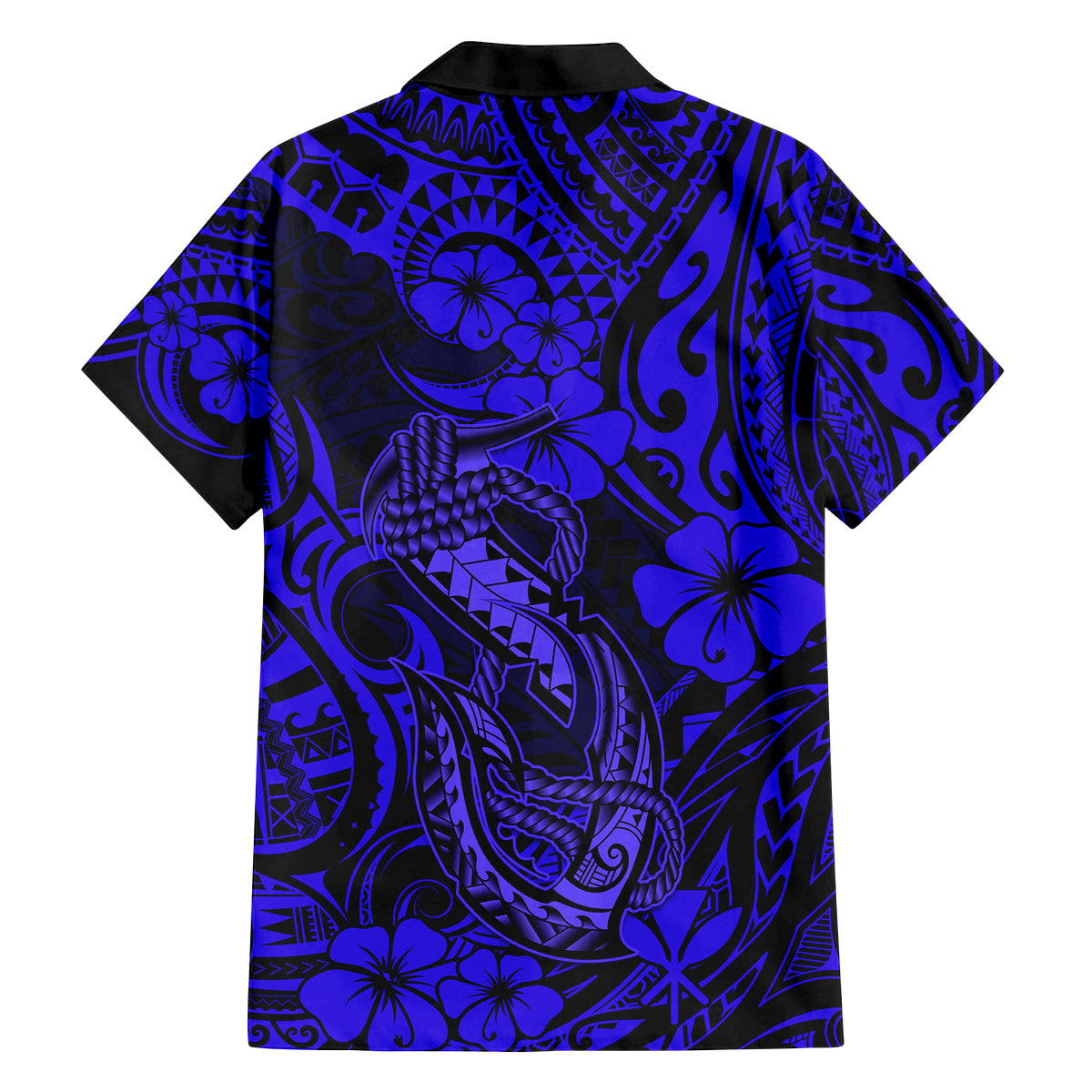 Hawaii Fish Hook Family Matching Off Shoulder Long Sleeve Dress and Hawaiian Shirt Polynesian Pattern Navy Blue Version - Wonder Print Shop