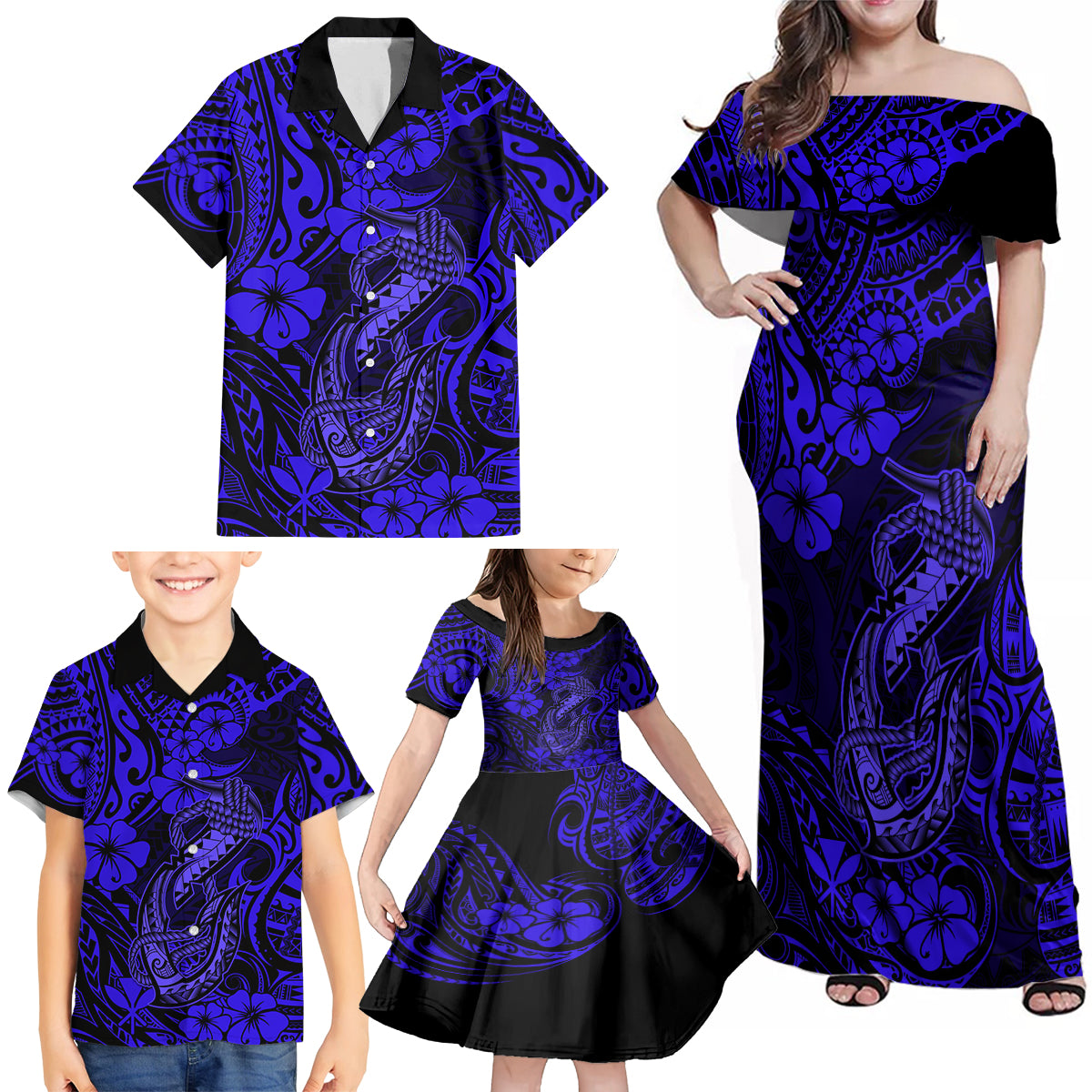 Hawaii Fish Hook Family Matching Off Shoulder Maxi Dress and Hawaiian Shirt Polynesian Pattern Navy Blue Version - Wonder Print Shop