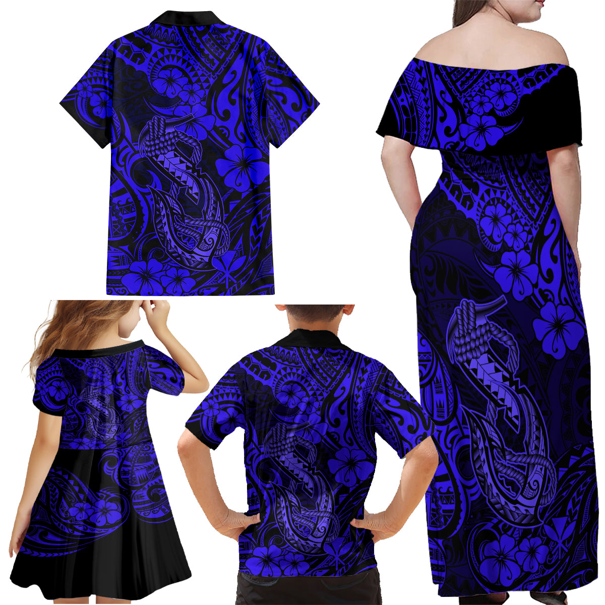 Hawaii Fish Hook Family Matching Off Shoulder Maxi Dress and Hawaiian Shirt Polynesian Pattern Navy Blue Version - Wonder Print Shop