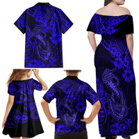 Hawaii Fish Hook Family Matching Off Shoulder Maxi Dress and Hawaiian Shirt Polynesian Pattern Navy Blue Version - Wonder Print Shop