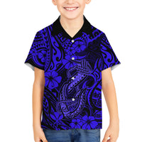 Hawaii Fish Hook Family Matching Off Shoulder Maxi Dress and Hawaiian Shirt Polynesian Pattern Navy Blue Version - Wonder Print Shop