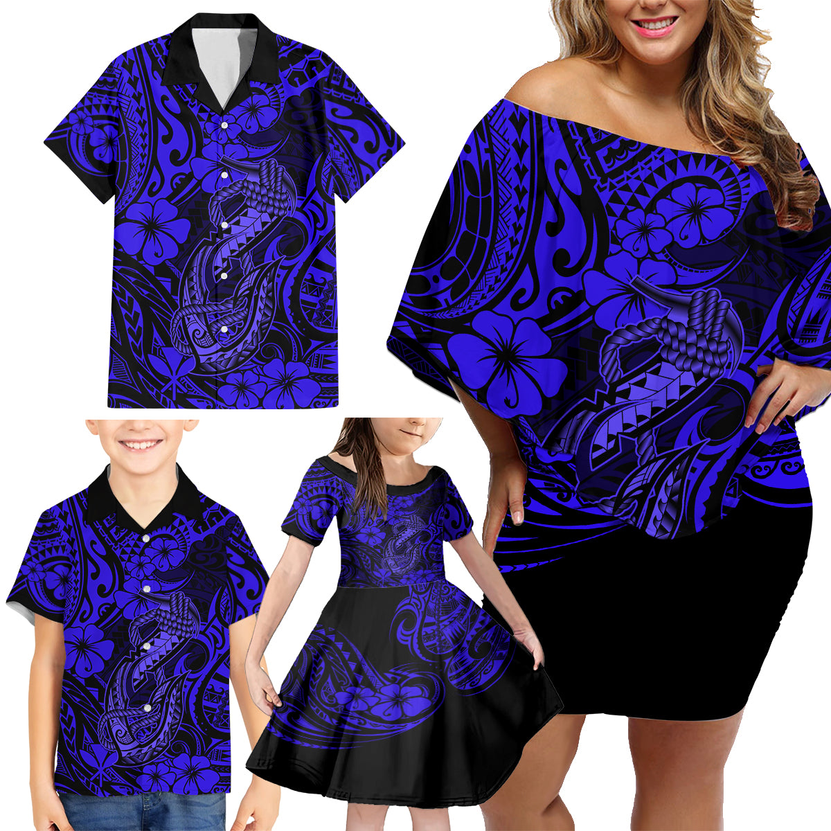 Hawaii Fish Hook Family Matching Off Shoulder Short Dress and Hawaiian Shirt Polynesian Pattern Navy Blue Version - Wonder Print Shop