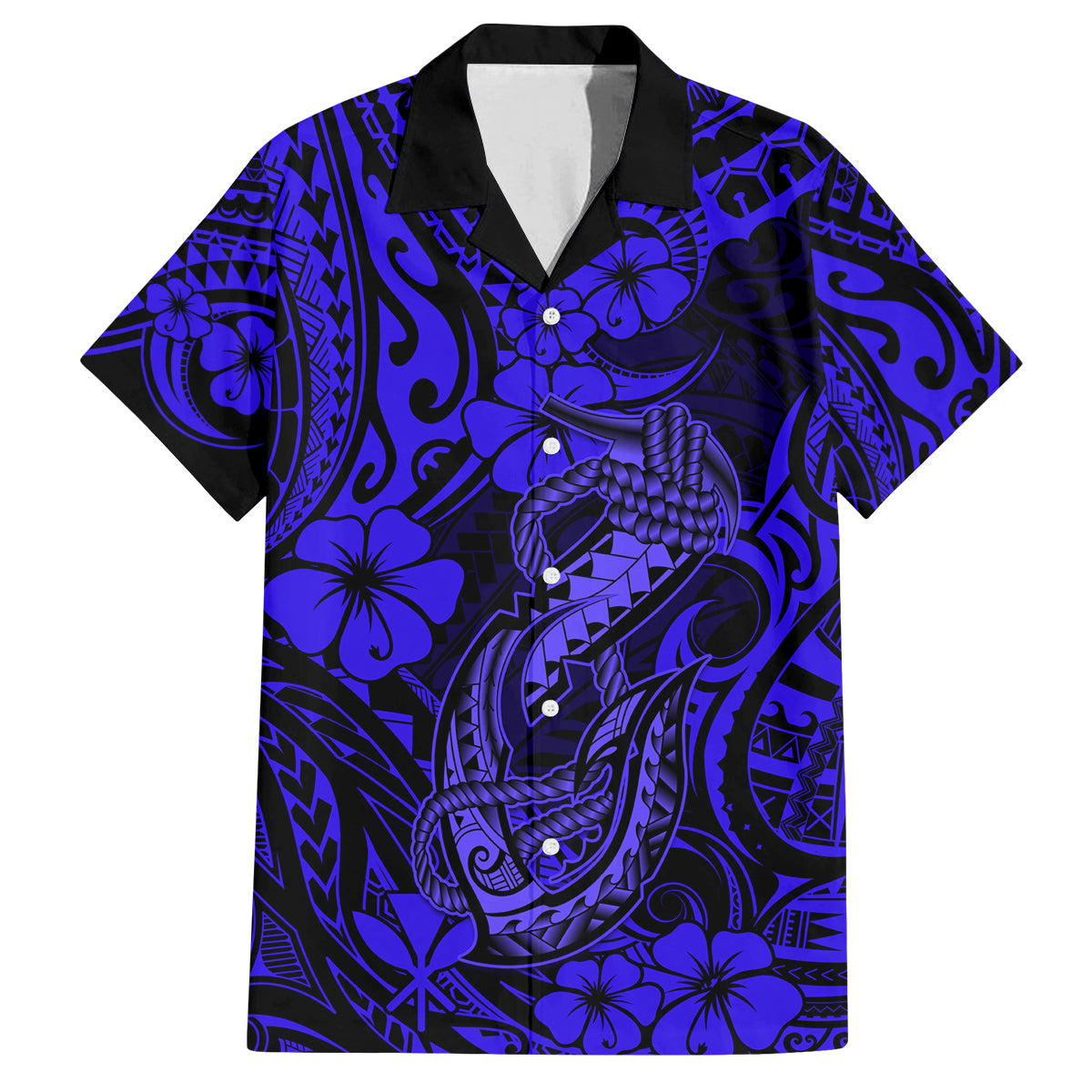 Hawaii Fish Hook Family Matching Off Shoulder Short Dress and Hawaiian Shirt Polynesian Pattern Navy Blue Version - Wonder Print Shop