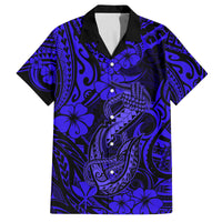 Hawaii Fish Hook Family Matching Off Shoulder Short Dress and Hawaiian Shirt Polynesian Pattern Navy Blue Version - Wonder Print Shop