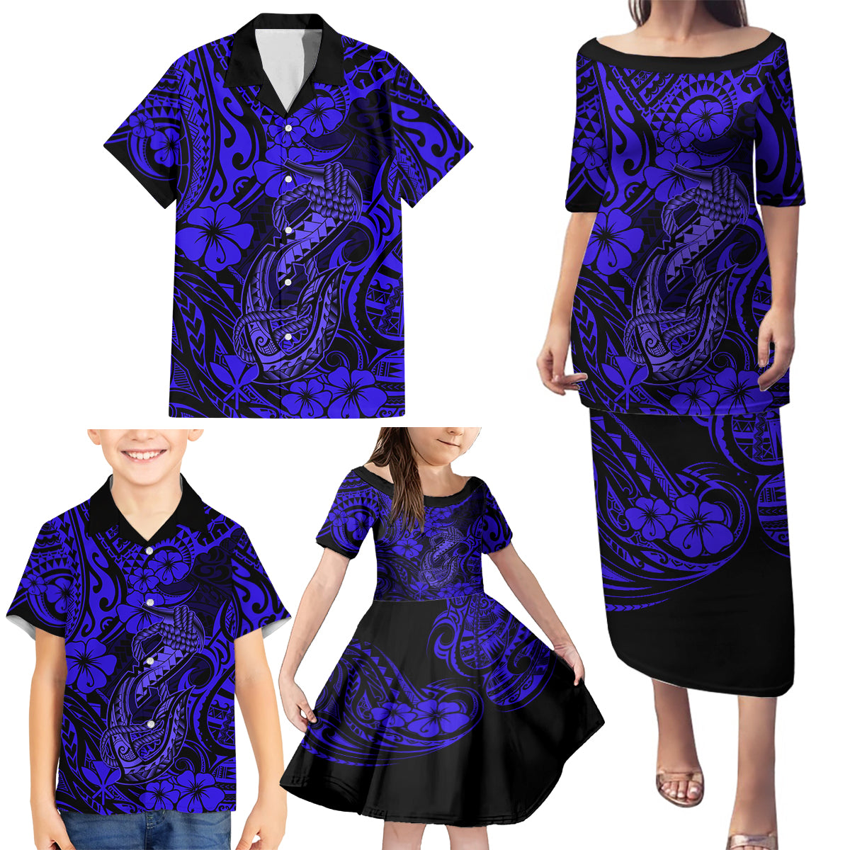 Hawaii Fish Hook Family Matching Puletasi Dress and Hawaiian Shirt Polynesian Pattern Navy Blue Version - Wonder Print Shop