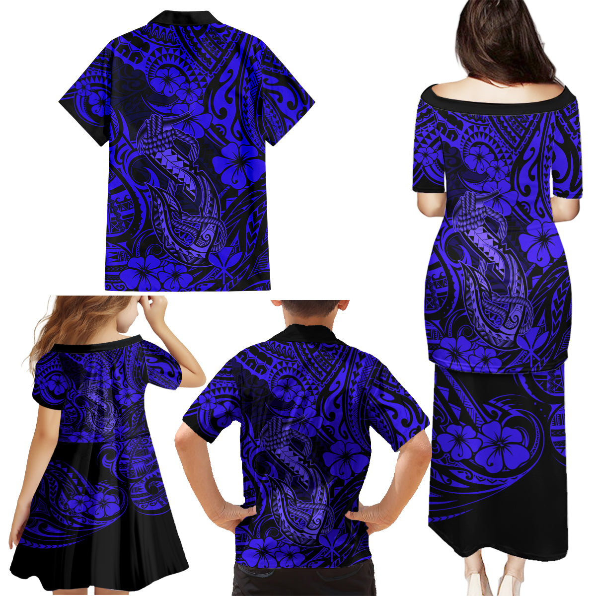 Hawaii Fish Hook Family Matching Puletasi Dress and Hawaiian Shirt Polynesian Pattern Navy Blue Version - Wonder Print Shop
