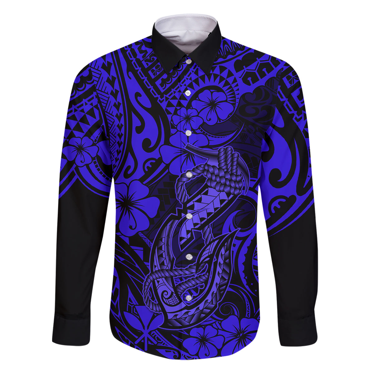 Hawaii Fish Hook Family Matching Puletasi Dress and Hawaiian Shirt Polynesian Pattern Navy Blue Version - Wonder Print Shop