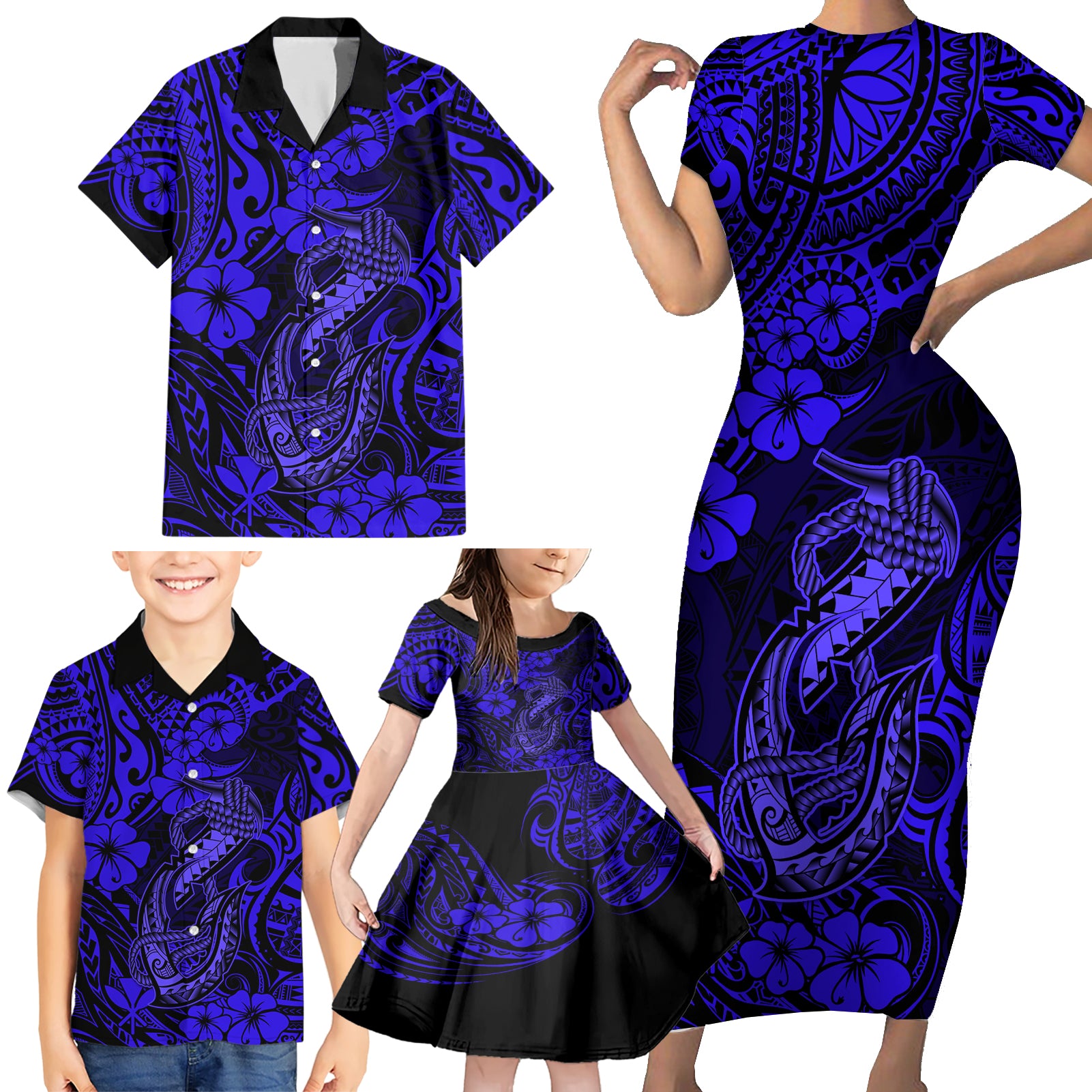 Hawaii Fish Hook Family Matching Short Sleeve Bodycon Dress and Hawaiian Shirt Polynesian Pattern Navy Blue Version - Wonder Print Shop