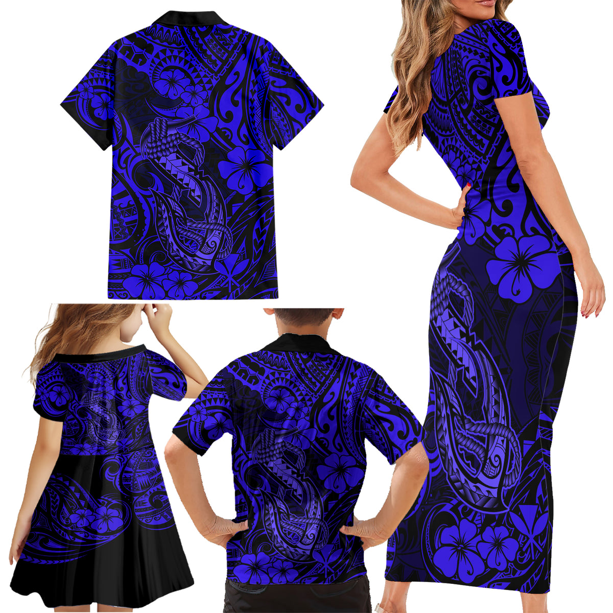 Hawaii Fish Hook Family Matching Short Sleeve Bodycon Dress and Hawaiian Shirt Polynesian Pattern Navy Blue Version - Wonder Print Shop