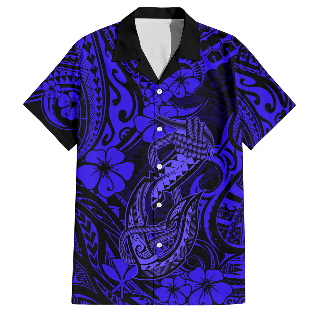 Hawaii Fish Hook Family Matching Short Sleeve Bodycon Dress and Hawaiian Shirt Polynesian Pattern Navy Blue Version - Wonder Print Shop
