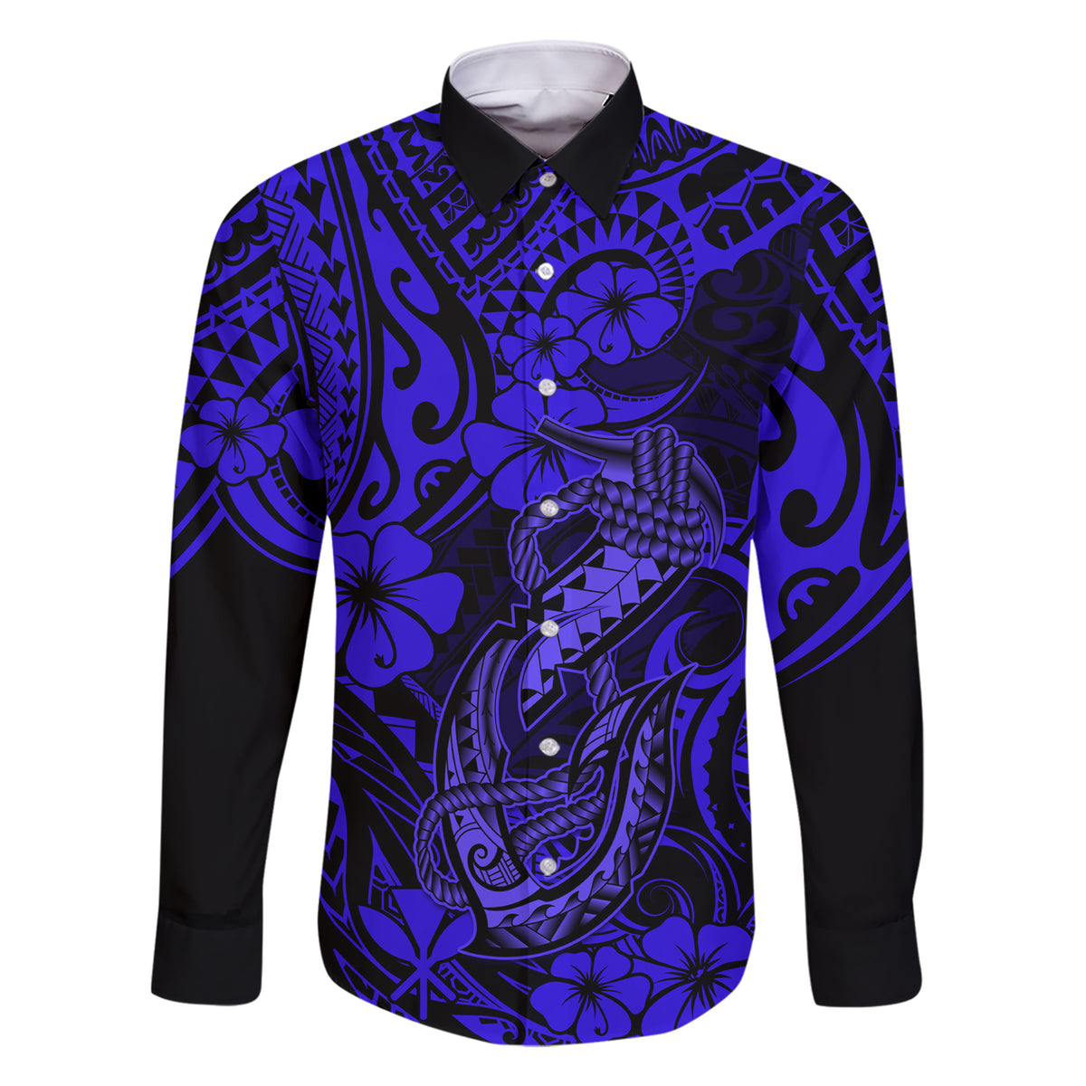 Hawaii Fish Hook Family Matching Short Sleeve Bodycon Dress and Hawaiian Shirt Polynesian Pattern Navy Blue Version - Wonder Print Shop