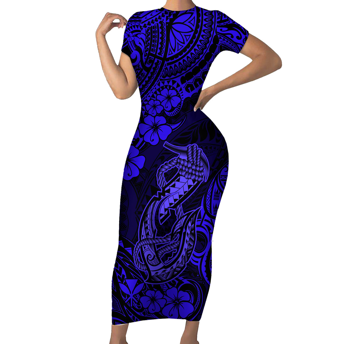 Hawaii Fish Hook Family Matching Short Sleeve Bodycon Dress and Hawaiian Shirt Polynesian Pattern Navy Blue Version - Wonder Print Shop