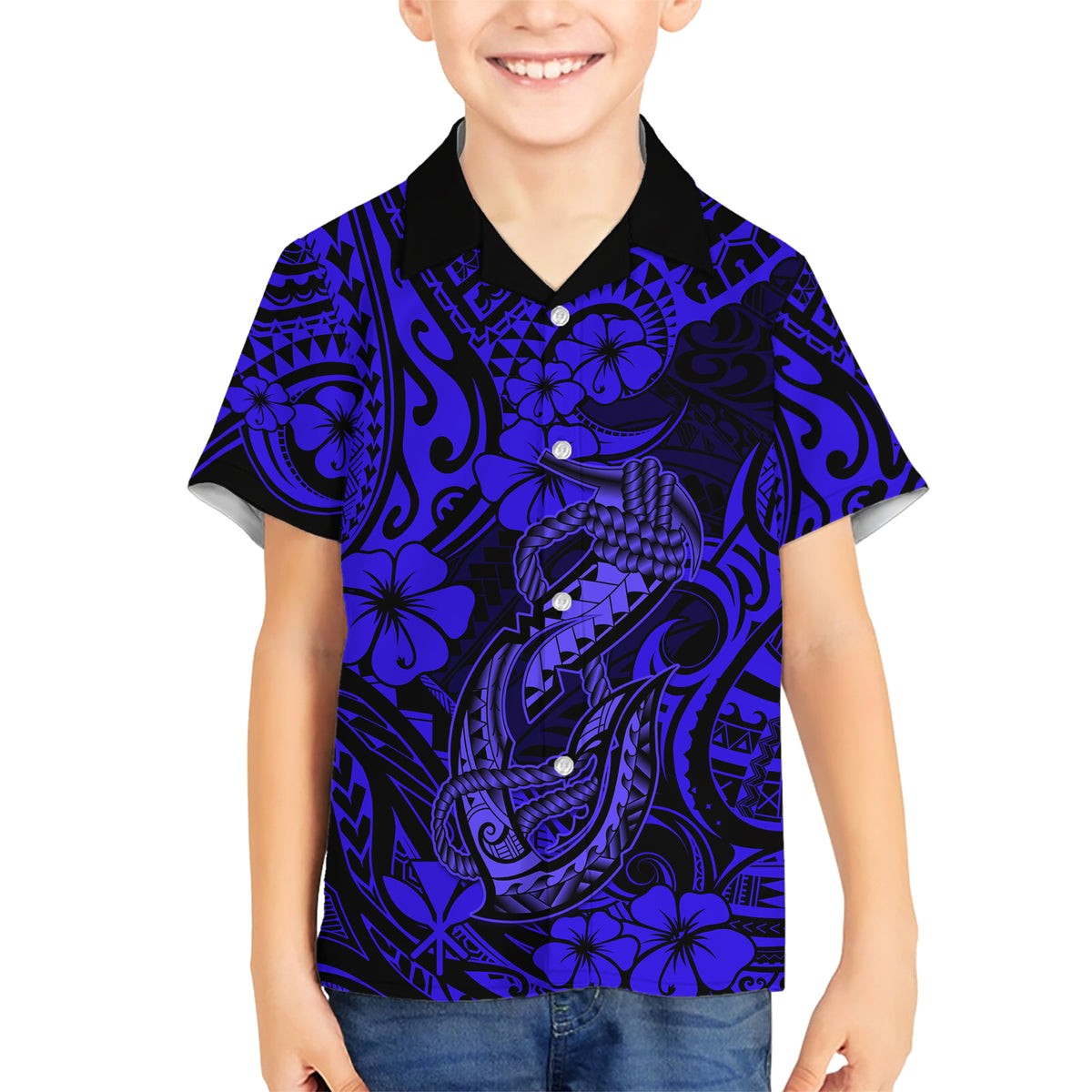 Hawaii Fish Hook Family Matching Short Sleeve Bodycon Dress and Hawaiian Shirt Polynesian Pattern Navy Blue Version - Wonder Print Shop