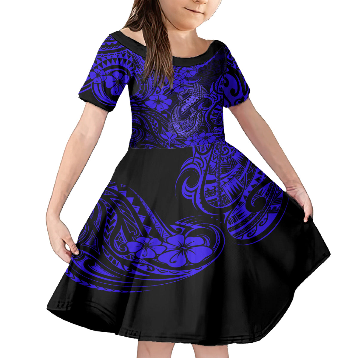 Hawaii Fish Hook Family Matching Summer Maxi Dress and Hawaiian Shirt Polynesian Pattern Navy Blue Version - Wonder Print Shop