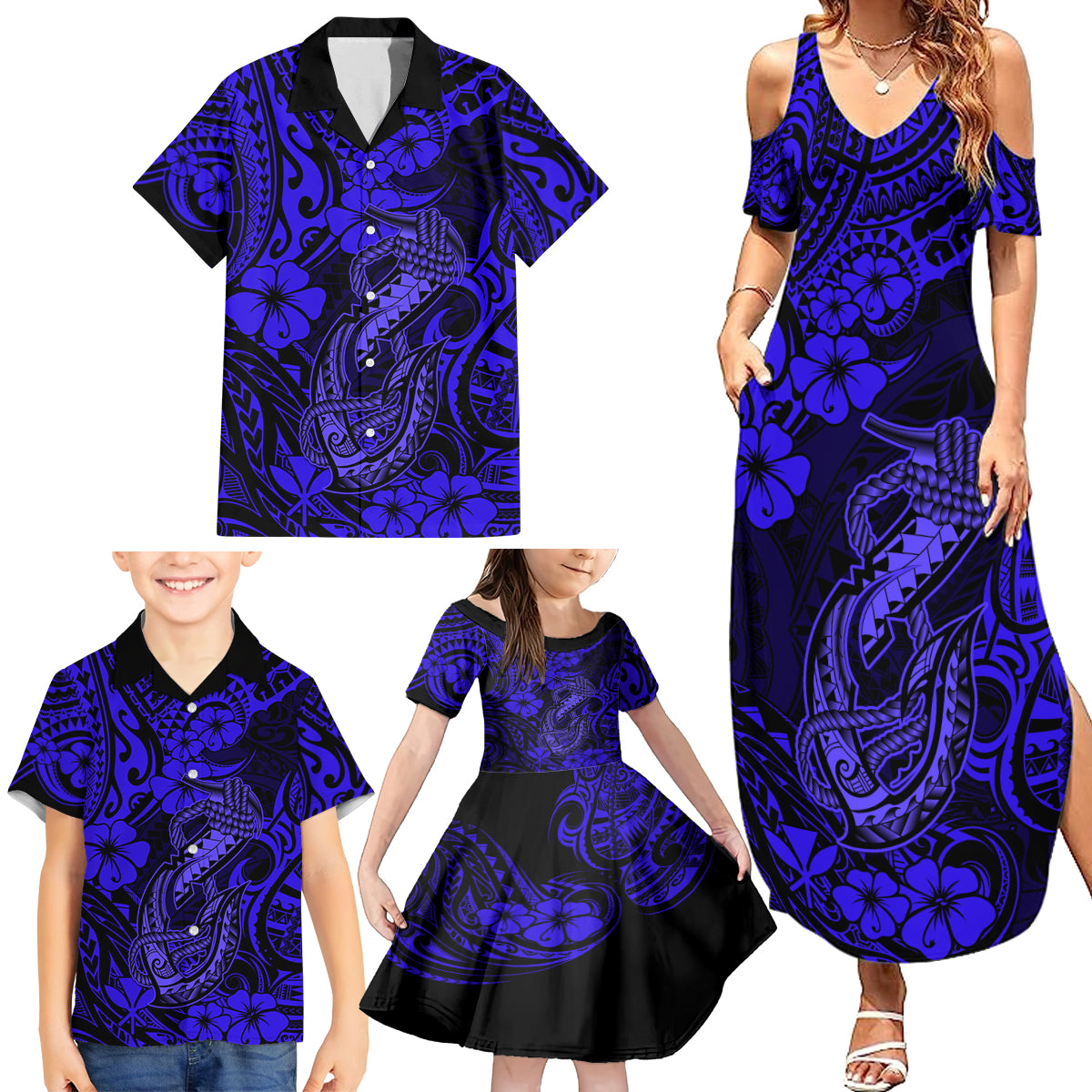 Hawaii Fish Hook Family Matching Summer Maxi Dress and Hawaiian Shirt Polynesian Pattern Navy Blue Version - Wonder Print Shop
