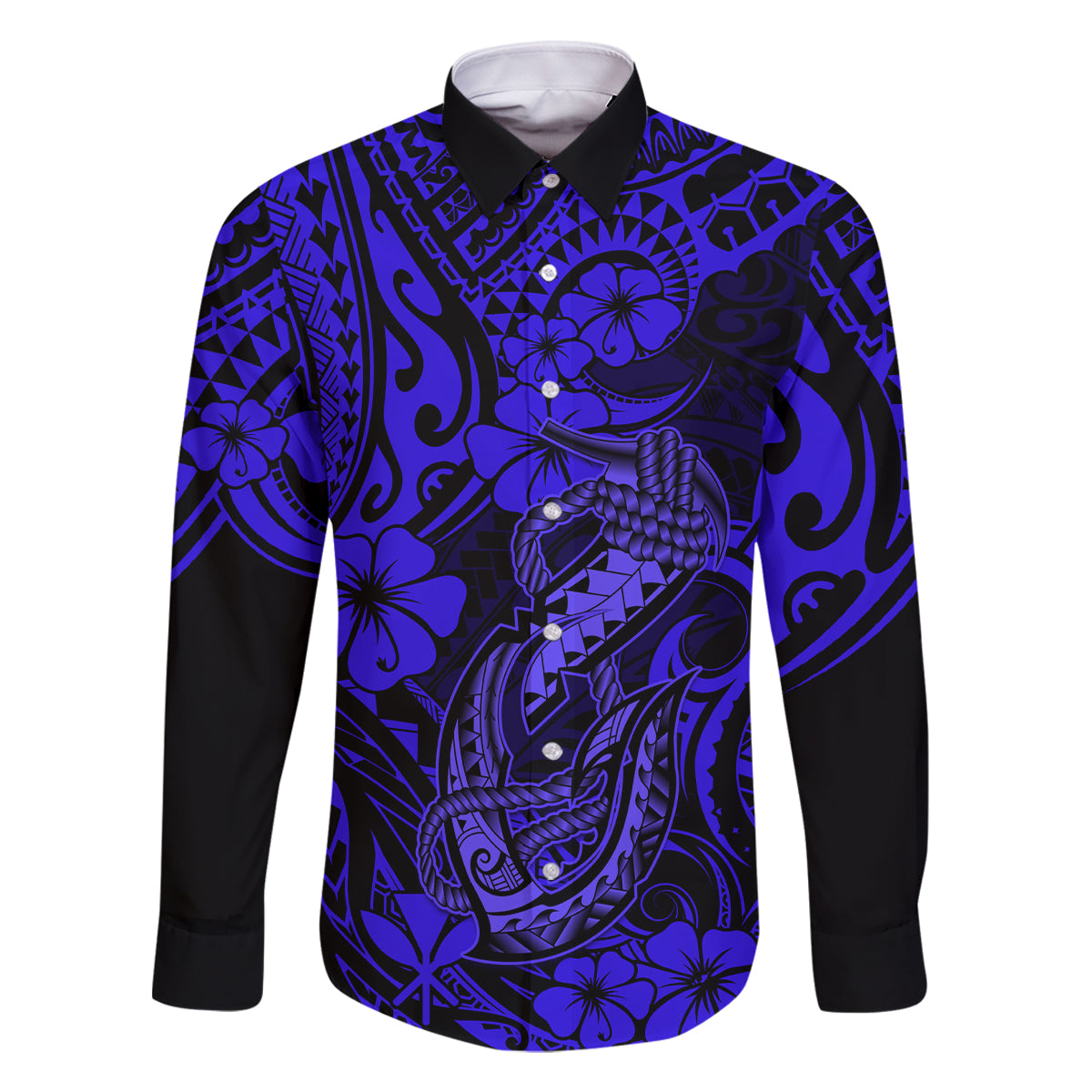 Hawaii Fish Hook Family Matching Tank Maxi Dress and Hawaiian Shirt Polynesian Pattern Navy Blue Version - Wonder Print Shop