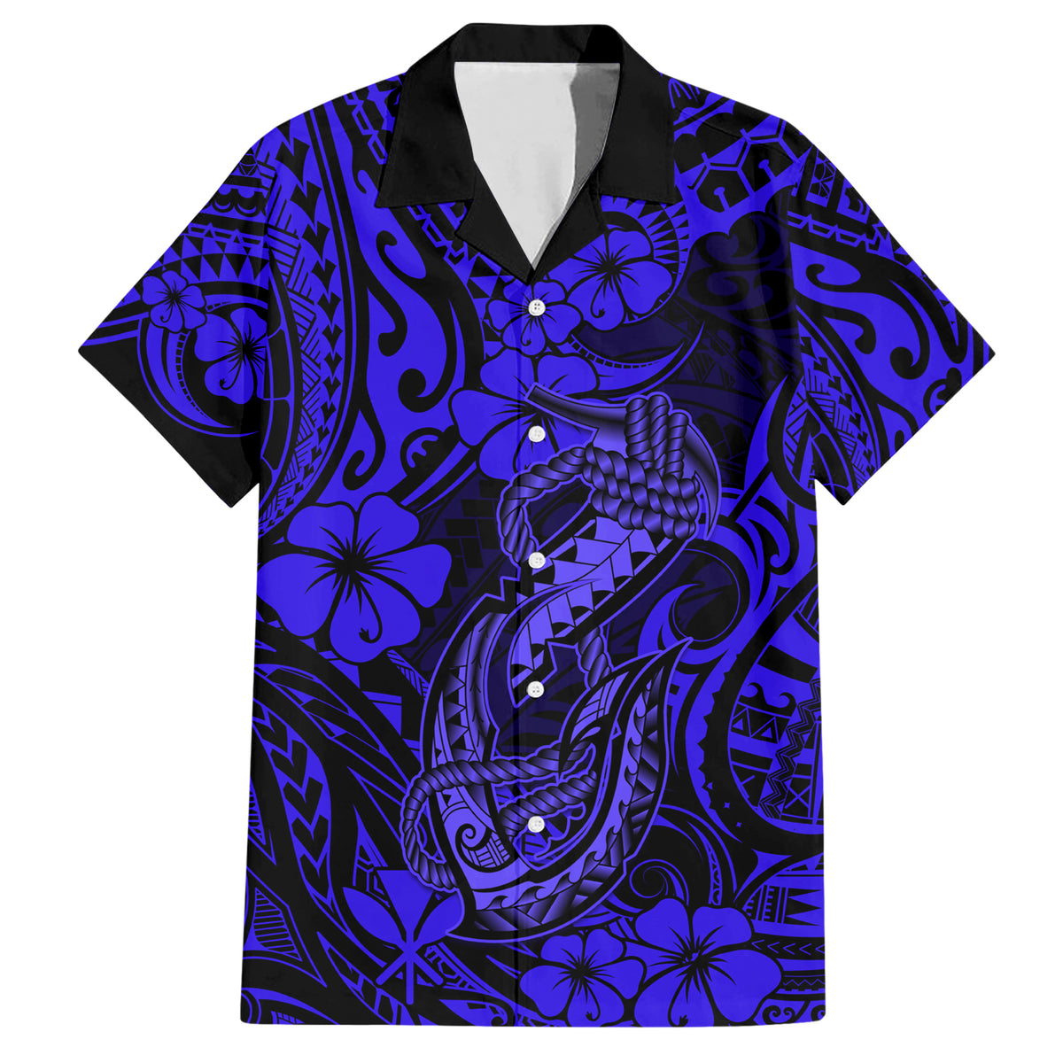 Hawaii Fish Hook Hawaiian Shirt Polynesian Pattern Navy Blue Version - Wonder Print Shop