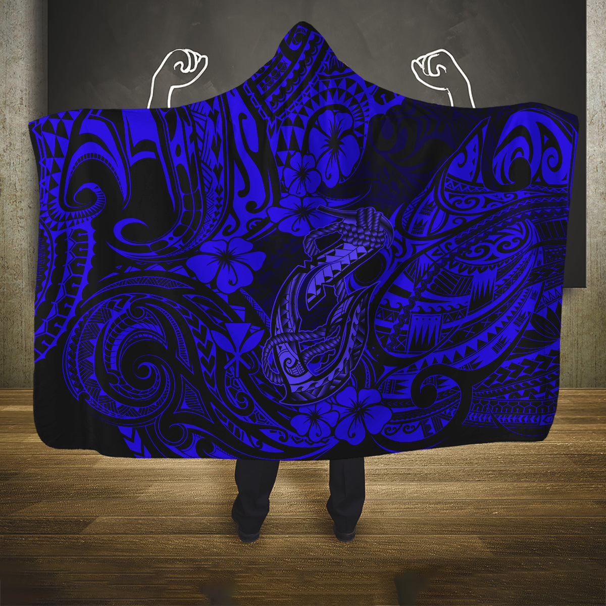 hawaii-fish-hook-hooded-blanket-polynesian-pattern-navy-blue-version