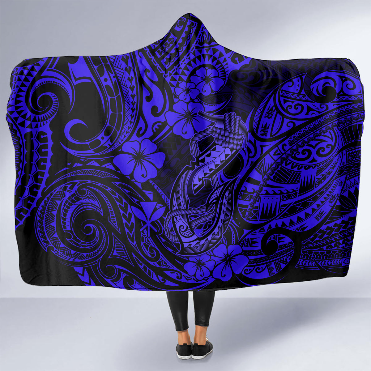 hawaii-fish-hook-hooded-blanket-polynesian-pattern-navy-blue-version