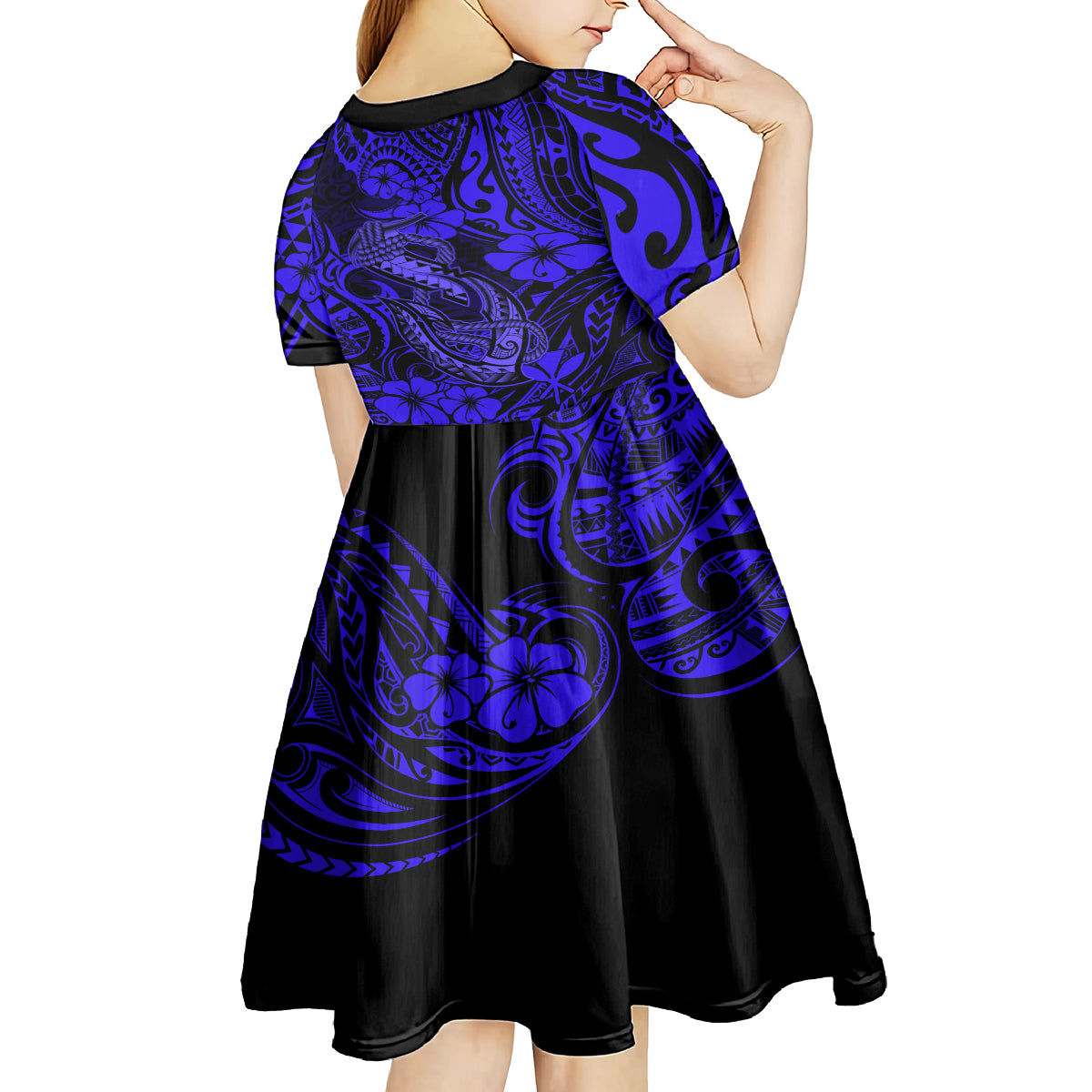 Hawaii Fish Hook Kid Short Sleeve Dress Polynesian Pattern Navy Blue Version - Wonder Print Shop