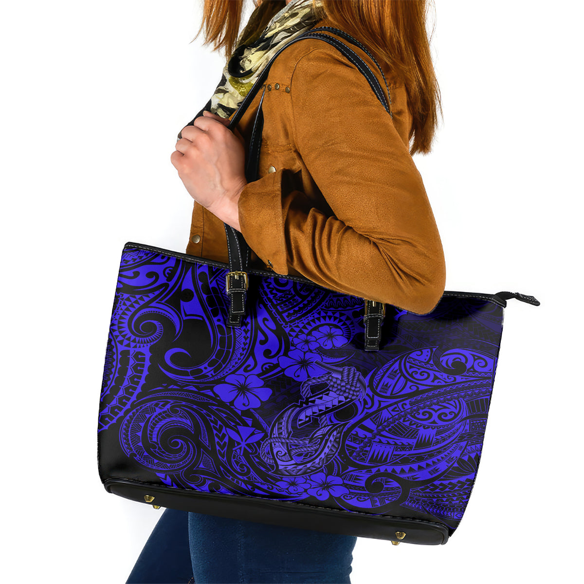 Hawaii Fish Hook Leather Tote Bag Polynesian Pattern Navy Blue Version - Wonder Print Shop