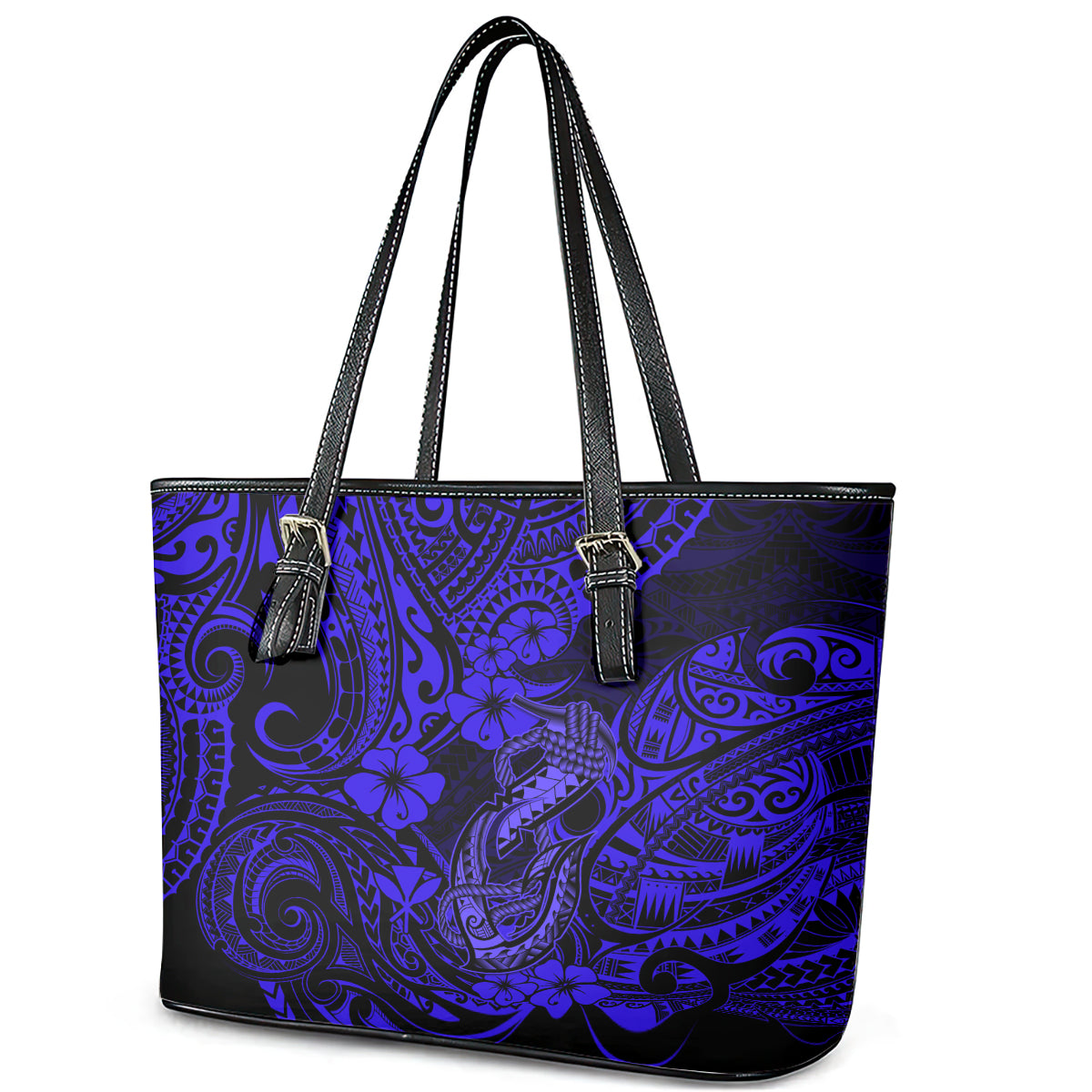 Hawaii Fish Hook Leather Tote Bag Polynesian Pattern Navy Blue Version - Wonder Print Shop
