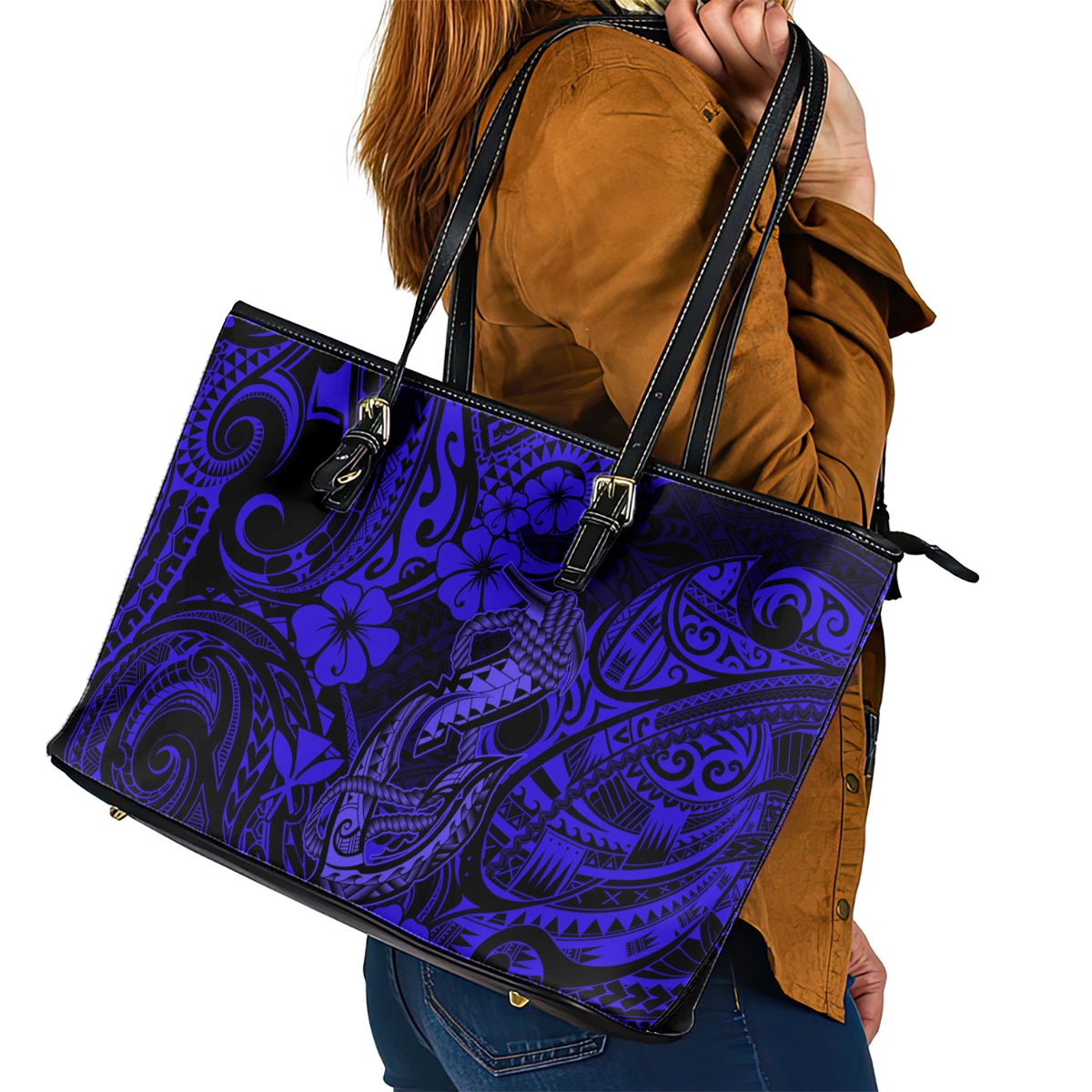 Hawaii Fish Hook Leather Tote Bag Polynesian Pattern Navy Blue Version - Wonder Print Shop