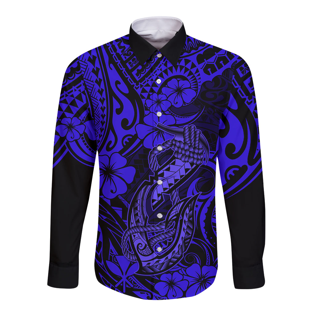 Hawaii Fish Hook Long Sleeve Button Shirt Polynesian Pattern Navy Blue Version - Wonder Print Shop