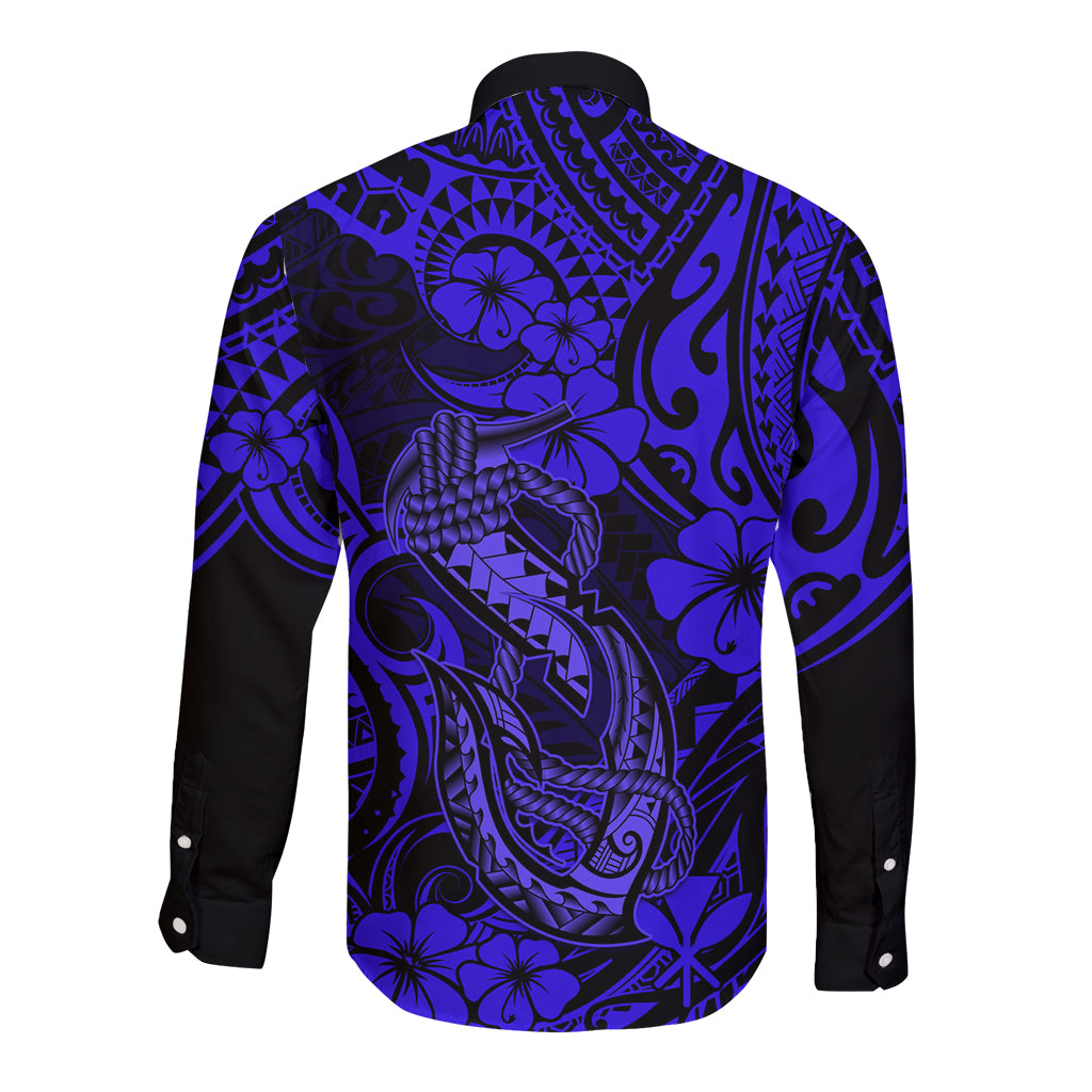 Hawaii Fish Hook Long Sleeve Button Shirt Polynesian Pattern Navy Blue Version - Wonder Print Shop
