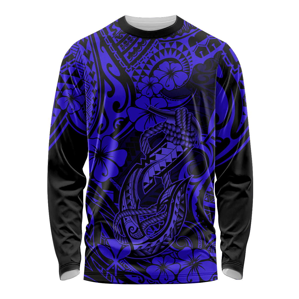 Hawaii Fish Hook Long Sleeve Shirt Polynesian Pattern Navy Blue Version - Wonder Print Shop