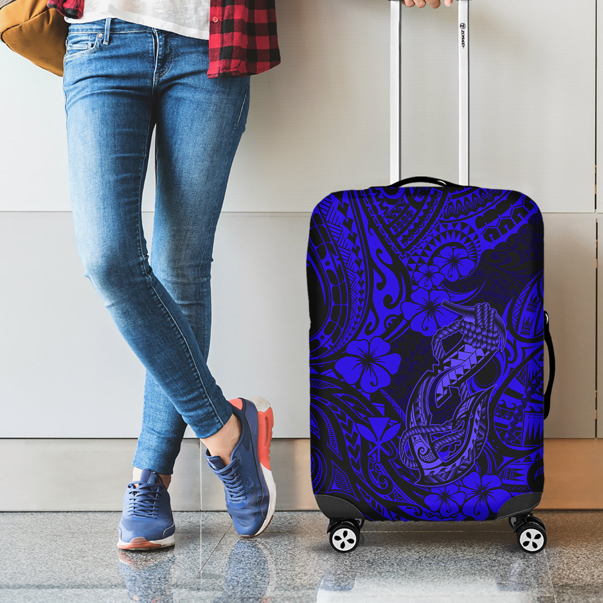 Hawaii Fish Hook Luggage Cover Polynesian Pattern Navy Blue Version - Wonder Print Shop