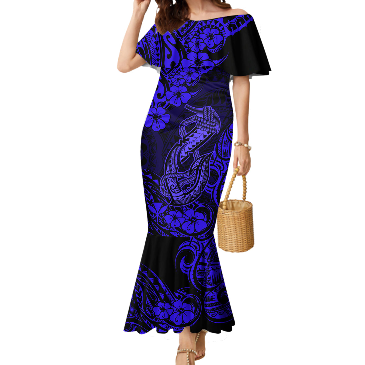 Hawaii Fish Hook Mermaid Dress Polynesian Pattern Navy Blue Version - Wonder Print Shop