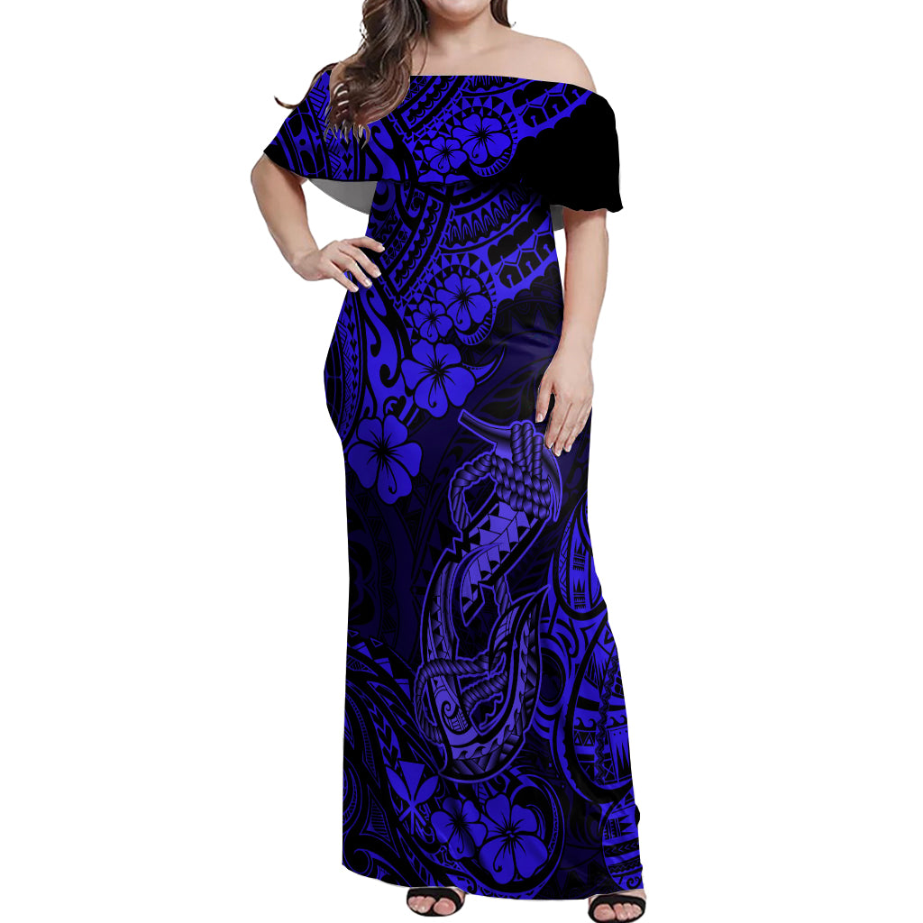 Hawaii Fish Hook Off Shoulder Maxi Dress Polynesian Pattern Navy Blue Version - Wonder Print Shop