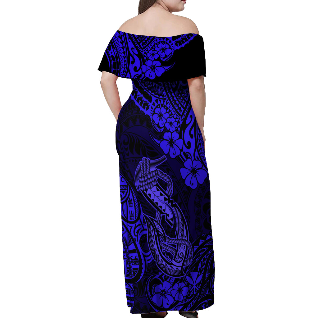 Hawaii Fish Hook Off Shoulder Maxi Dress Polynesian Pattern Navy Blue Version - Wonder Print Shop