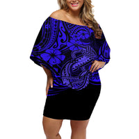 Hawaii Fish Hook Off Shoulder Short Dress Polynesian Pattern Navy Blue Version - Wonder Print Shop
