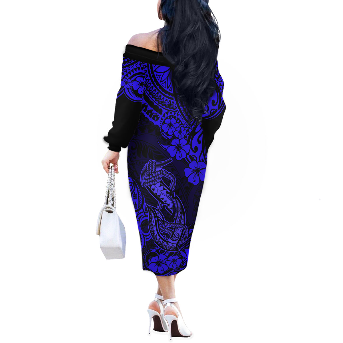 Hawaii Fish Hook Off The Shoulder Long Sleeve Dress Polynesian Pattern Navy Blue Version - Wonder Print Shop
