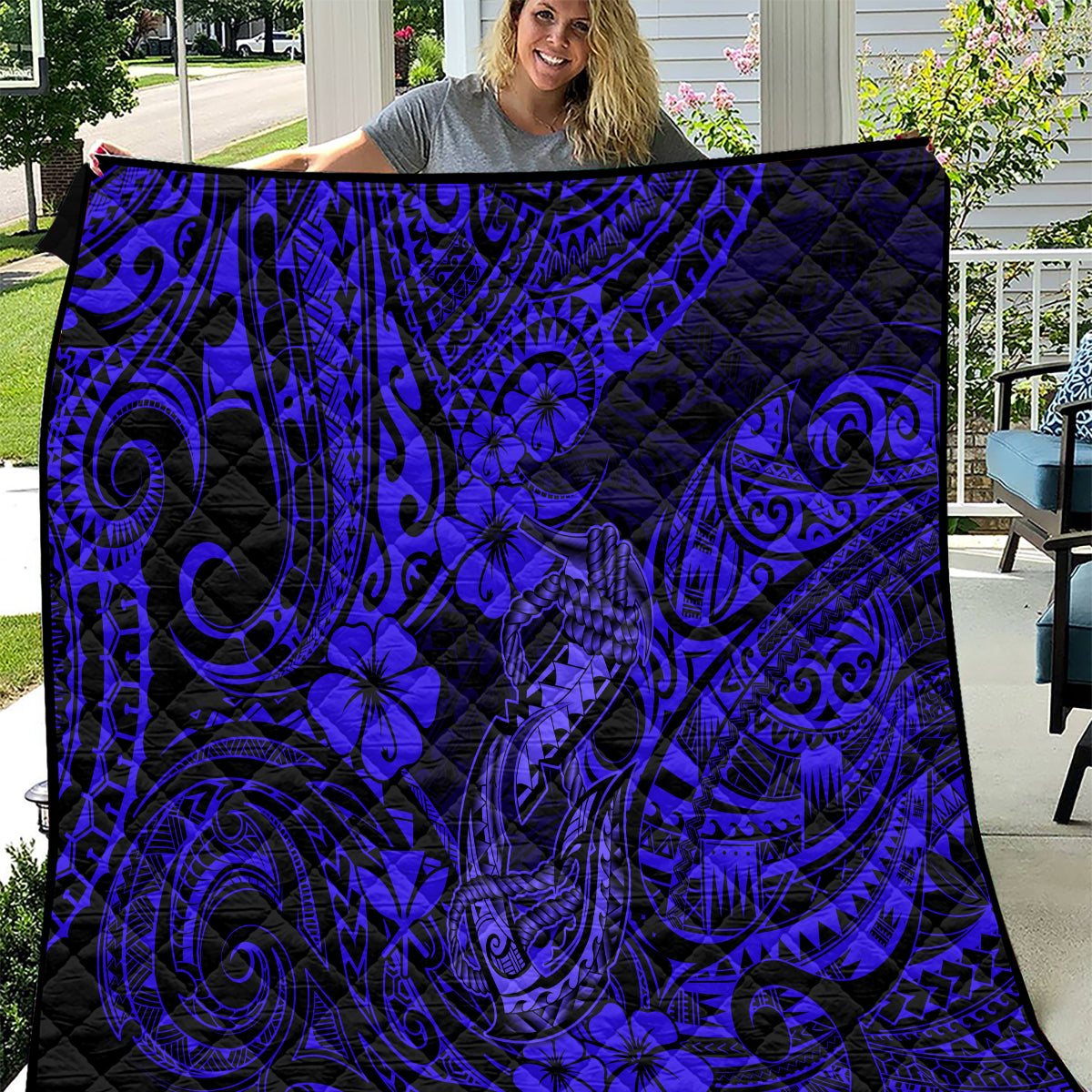 Hawaii Fish Hook Quilt Polynesian Pattern Navy Blue Version - Wonder Print Shop