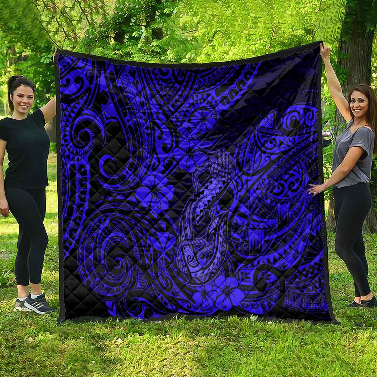 Hawaii Fish Hook Quilt Polynesian Pattern Navy Blue Version - Wonder Print Shop