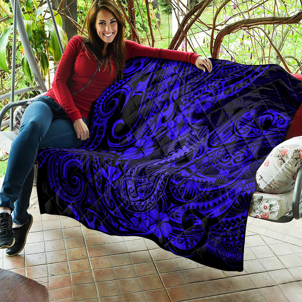 Hawaii Fish Hook Quilt Polynesian Pattern Navy Blue Version - Wonder Print Shop