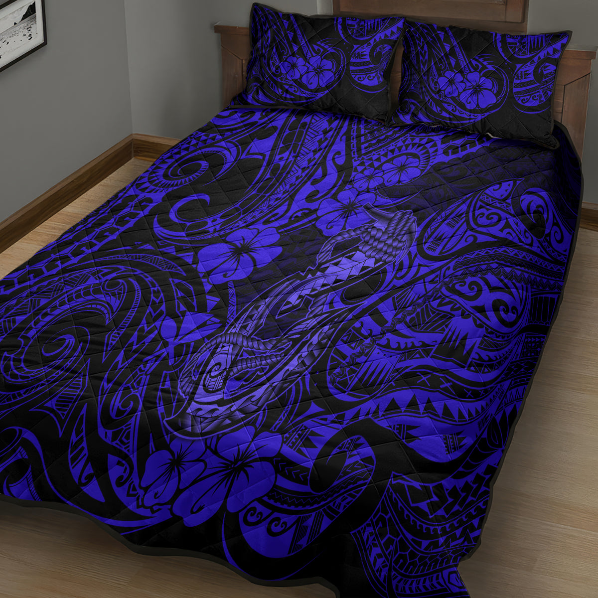 Hawaii Fish Hook Quilt Bed Set Polynesian Pattern Navy Blue Version - Wonder Print Shop