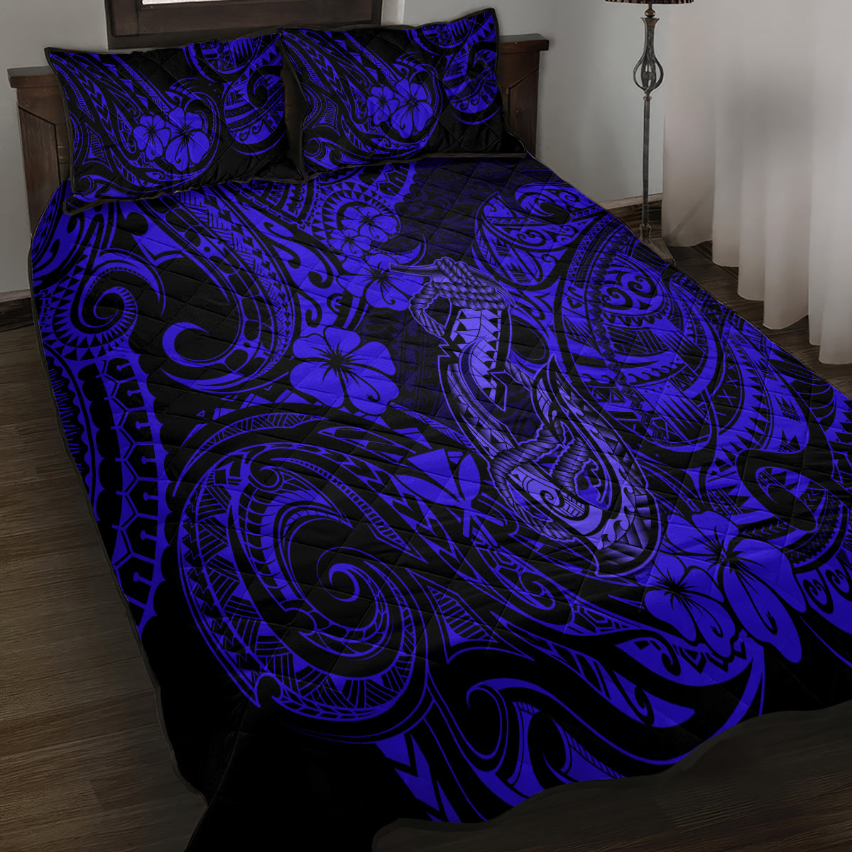 Hawaii Fish Hook Quilt Bed Set Polynesian Pattern Navy Blue Version - Wonder Print Shop